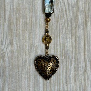 Beaded Keychain in Black & Gold with Lampwork & Brass Tone Heart - NEW